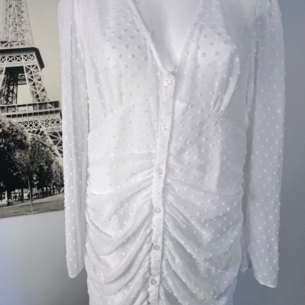 Chic White Ruched Dress with Sheer Sleeves - Picture 11 of 13